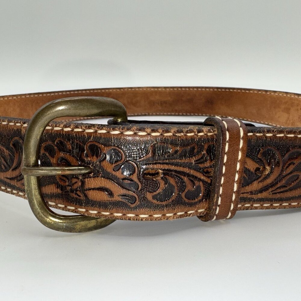 Vintage Leather Men’s Belt Tooled Horse Design Sz 36